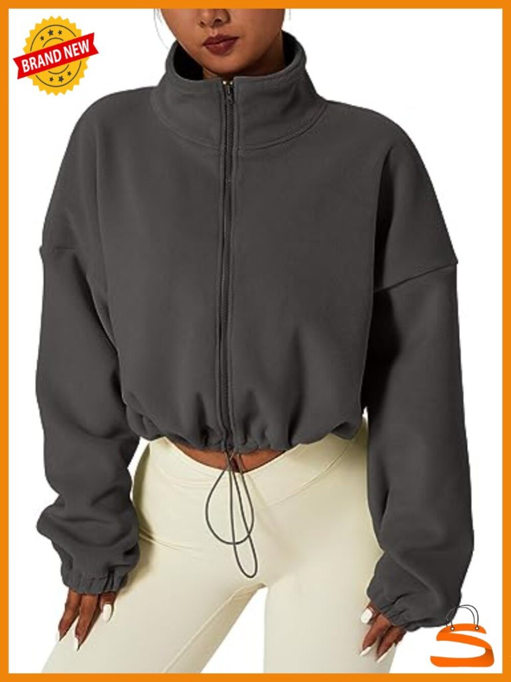 Full Zip Fleece Short Jacket Warm Winter Long Sleeve Stand Collar Sherpa Crop
